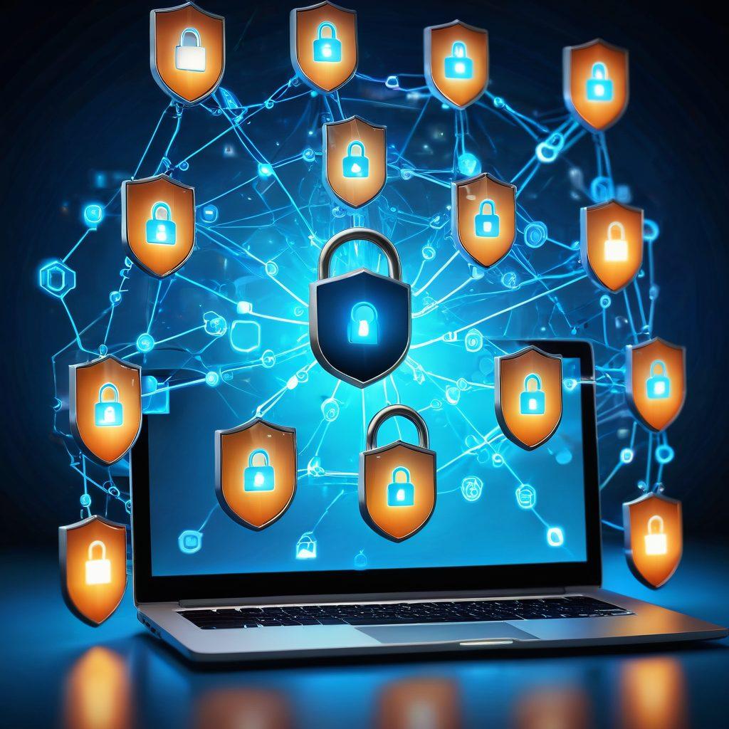 An intricate digital lock surrounded by glowing shields, with interconnected web icons forming a protective network. A serene blue background reflecting trust and security, illuminated by a light source symbolizing knowledge. Humans working meticulously on their laptops, enhancing protection through various digital means. super-realistic. vibrant colors.