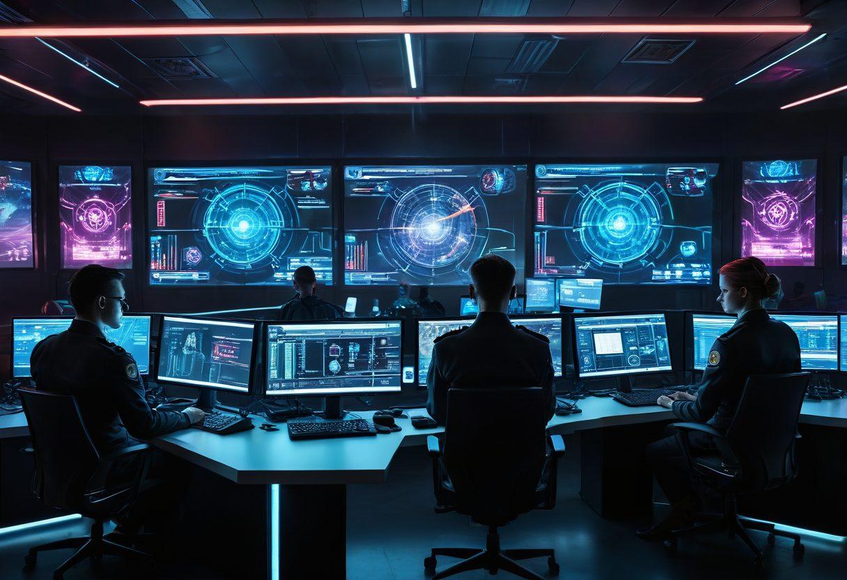 A futuristic cyber defense command center with holographic displays and expert analysts in high-tech uniforms monitoring multiple screens. In the background, a digital shield icon signifies protection against threats. Bright neon lights add to the cutting-edge atmosphere. cyberpunk. vibrant colors.